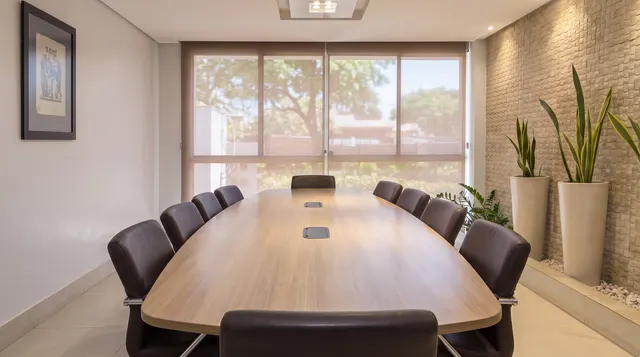 Mesa da sala de reuniões vista da cabeceira, em direção à janela com persianas