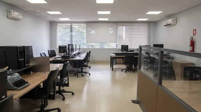 Salão de trabalho com fileiras de mesas de madeira e janelas com persianas ao fundo